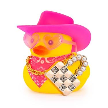 Imagem de wonuu Pink Car Rubber Ducks for Women, Mini Lady Ducky with Top-Handle Bags Wallets, Heart-Shaped Sunglasses, Bandana, Necklace (Pearl Crystal Bag Gold)