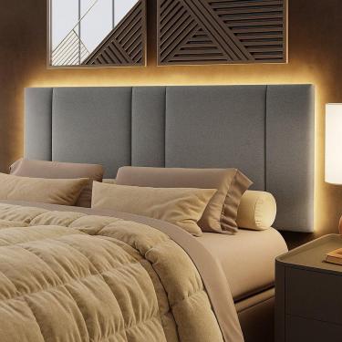 Imagem de Cabeceira Painel Cama Box Queen Size Siri 160cm Com Led Linho Cinza - Abmaza