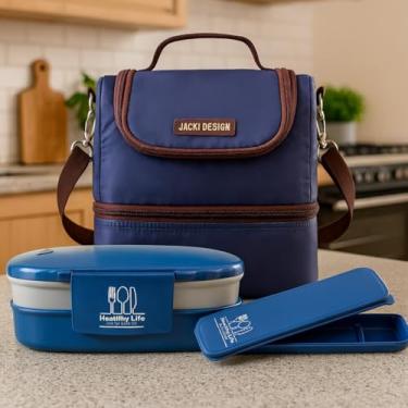 Imagem de Kit Bolsa Térmica C/ 2 Compartimentos + Marmita + Porta Talheres 3 Peças Para Viagem e Armazenamento (Azul C/Marrom)