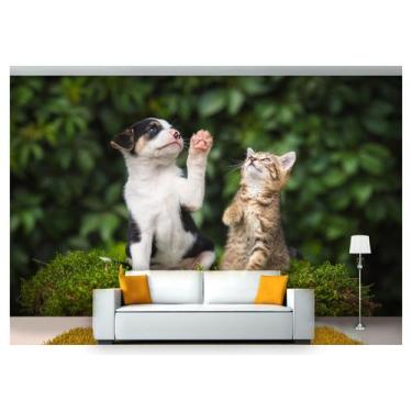 Imagem de Papel De Parede Animais Cão Gato Sentados 3D Anm235 - Você Decora