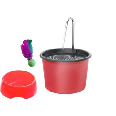 Imagem de Fonte Bebedouro para Gatos e Cães+ Comedouro 600ml + Pong(Kit Vermelho com Tampa Preta)