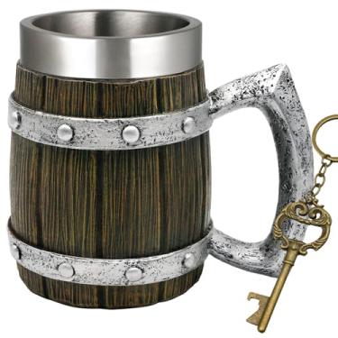 Imagem de Caneca de cerveja de barril de madeira Viking - Caneca de café nórdica para homens - Presente Viking ideal - Copo de bebida nórdica grande de 595 g e caneca de cerveja - Decoração Viking exclusiva