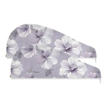 Imagem de SEHANY Toalha de cabelo de microfibra elegante flores roxas para mulheres 2 peças turbantes de cabelo de secagem rápida com botão, touca de cabelo seco absorvente toalha de secagem de cabelo para