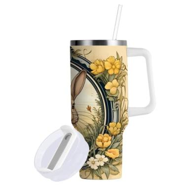 Imagem de Blueangle Copo de coelho da Páscoa de 850 g com alça e tampa de palha, copo isolado, reutilizável, garrafa de água de aço inoxidável, caneca de viagem (24)