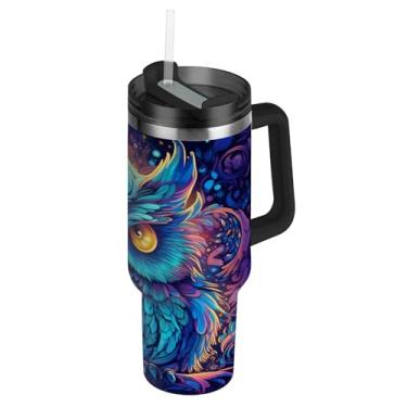 Imagem de ATTX Copo de coruja neon de 1,134 g com alça, copo de aço inoxidável a vácuo de parede dupla com palha, caneca de café de viagem isolada #581