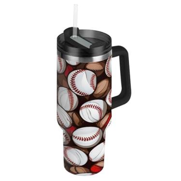Imagem de Blueangle Copo padrão de bolas de beisebol de 1,134 g com alça e tampa de palha, caneca de viagem de aço inoxidável com isolamento a vácuo de parede dupla, garrafa de água reutilizável para academia