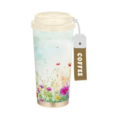 Imagem de SEHANY Caneca de viagem borboleta e flores de 482 ml Copos de café reutilizáveis revestidos de cerâmica com tampa à prova de vazamento, parede dupla, isolamento a vácuo, copo de café de aço inoxidável
