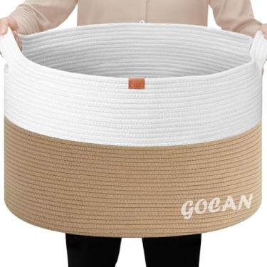 Imagem de GOCAN Cestas de armazenamento para organizar D22"H14" Cesta grande para manta, cesto de roupa suja, cesta de tecido de corda de algodão para carregar brinquedos na sala de estar (juta/bege) 3GG