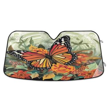 Imagem de ATTX Para-brisa de carro borboleta laranja 134.6 cm x 59.7 cm escudo solar universal com proteção UV, persiana de janela frontal automática dobrável para caminhões Sedans SUVs #854