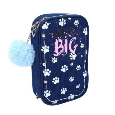 Imagem de Estojo Escolar Grande Dream Big Jeans Divisórias Pompom Azul Volta as Aulas Ensino Fundamental Kawai