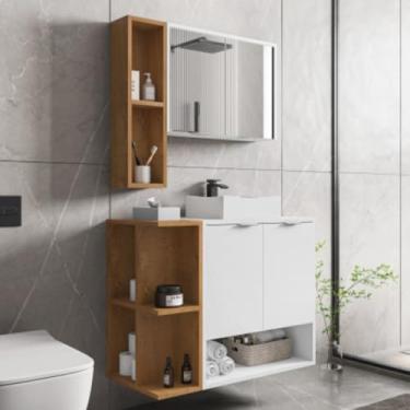 Imagem de Gabinete Suspenso de Banheiro 60cm Marrom | Armário para Lavabo | Madeira/MDP | Design Funcional (Branco)