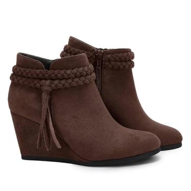 Imagem de Botas femininas de cano curto trançadas com franja e salto ocidental, sapatos sociais, Camurça chocolate, 41