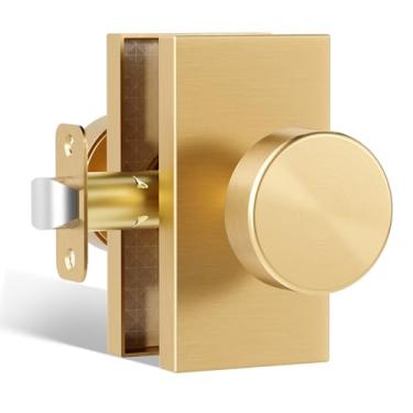 Imagem de HIEMEY Maçanetas interiores de latão acetinado, maçanetas de porta douradas de passagem redonda modernas, contemporâneas para hall e armário retangulares