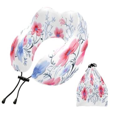 Imagem de CEBUGI Travesseiros de viagem portáteis em forma de U, travesseiro de pescoço de espuma viscoelástica com trava de corda ajustável para avião, viagem, trem, negócios, escritório, soneca (flor)