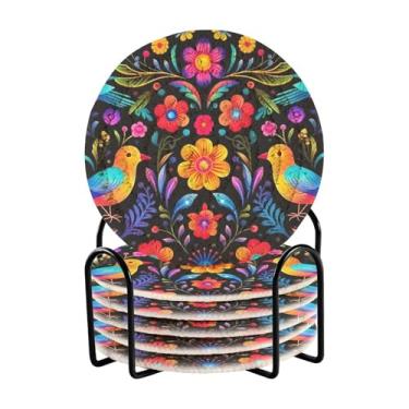 Imagem de Wassud Porta-copos com suporte de arte mexicana conjunto de porta-copos de tecido absorvente para decoração de casa, proteção de mesa, 6 peças