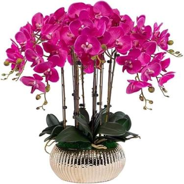 Imagem de YYBOES Orquídea artificial 63 cm Phalaenopsis flores artificiais com vaso de cerâmica flor artificial para decoração de casa orquídeas falsas flores artificiais