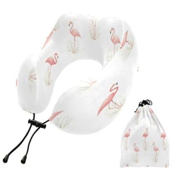 Imagem de CEBUGI Travesseiros de viagem portáteis em forma de U, travesseiro de pescoço de espuma viscoelástica com trava de corda ajustável para avião, viagem, trem, negócios, escritório, soneca (flamingos)