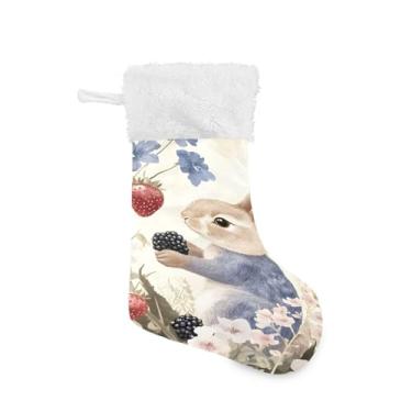 Imagem de Wassud Meia fofa de Natal com punho branco coelho colhendo frutas vermelhas 45,7 cm grande para decoração de lareira e cornija de lareira pacote com 2