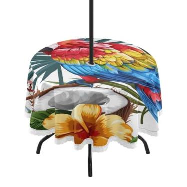 Imagem de CEBUGI Toalha de mesa redonda para uso externo, colorido, papagaio, impermeável, com furo Umberlla, capa de mesa lavável para pátio, cozinha, sala de jantar, 152 cm