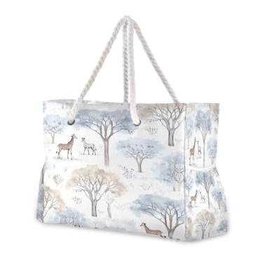 Imagem de Wassud Bolsa de praia girafas, elefantes e árvores, grande, bolsa de praia para mulheres, impermeável, à prova de areia, bolsa de viagem com zíper e bolso para piscina, academia, acampamento