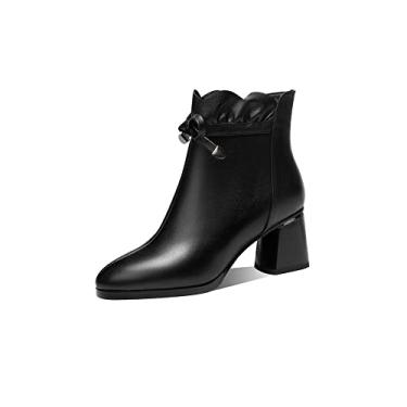 Imagem de TinaCus Bota feminina feita à mão de couro genuíno com laço e bico redondo, salto baixo grosso, zíper lateral no tornozelo, Preto, 37
