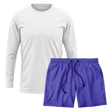 Imagem de Kit Short Praia Academia Passeio Treino Azul + Manga Longa Masculina Segunda Pele Dry-Masculino