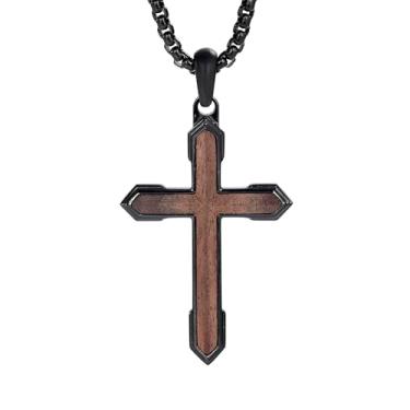 Imagem de GTMJ Colar de cruz de madeira para homens, aço inoxidável, preto, corrente ajustável de 61 a 66 cm, tema militar, Medium, Aço inoxidável, Sem Pedra Preciosa