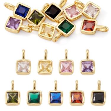 Imagem de Cheriswelry 9 peças de pingentes quadrados de zircônia cúbica banhados a ouro, pingentes de elos de vidro, pingente de metal, enfeite de pendurar 11,5 x 6,5 mm para colar DIY, pulseira, brinco