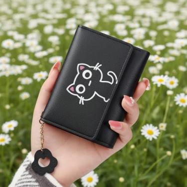 Imagem de Carteira feminina de couro sintético com três dobras, porta-cartões compacta, com janela para identidade, estampa de gato, leve, elegante, Preto, Clássico