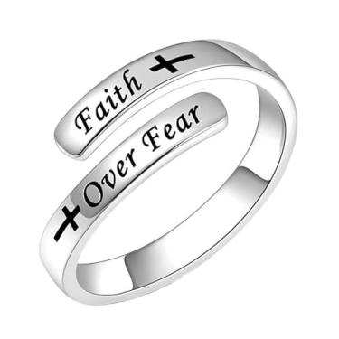 Imagem de Faith Over Fear Cross Anéis inspiradores para mulheres, filha, cristã, abençoada, amor, encorajamento, anéis, ajustável, aberto, minúsculo, pureza, envoltório de polegar, cruz, joias, formatura