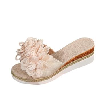 Imagem de Chinelo feminino casual verão cor sólida flor flor plataforma praia chinelos fundo grosso pacote vários tamanhos para mulheres, Bege, 38