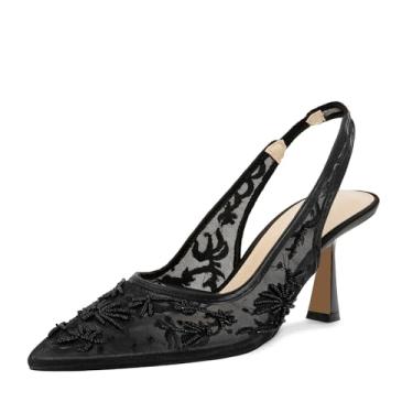 Imagem de ZJGZF Sapatos femininos de renda com salto alto bordado gatinho bico fino para casamento, Preto, 35