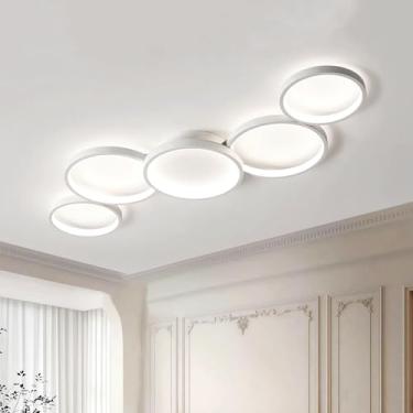 Imagem de Luminária de teto LED branca 6000K, design moderno com 5 anéis, criativa e personalizada, ideal para sala de estar, quarto, sala de jantar, cozinha, corredor e escritório. Dimensões: 100×43×