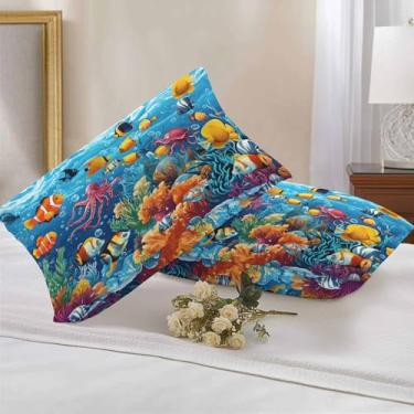 Imagem de Litter Star Capas de almofada impermeáveis para ambientes externos, 50,8 x 30,5 cm, oceano, peixe, polvo, erva aquática, capas de almofada decorativas para sofá, jardim, pátio, 2 unidades, verão