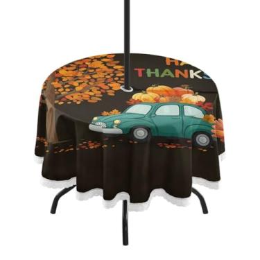 Imagem de Qilmy Toalha de mesa redonda à prova d'água de 152 cm de Ação de Graças com orifício para guarda-chuva e zíper – Uso externo / interno resistente para pátio, churrascos, piqueniques, festas (serve