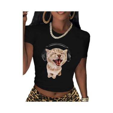 Imagem de Camiseta Cropped Feminina Com Estampa De Gato Harajuku, Camiseta Sexy 