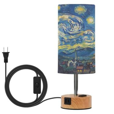 Imagem de Blueangle Luminária de mesa com controle de toque Starry Night Art com duas portas USB e tomada CA, regulável em 3 vias para quarto, sala de estar, berçário (142)