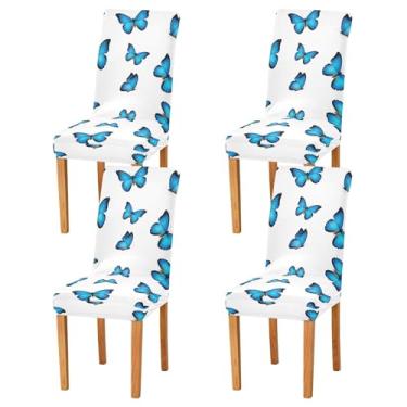 Imagem de ODAWA Conjunto de 2 capas de cadeira de jantar, capas de cadeira removíveis laváveis azuis borboletas brancas Parsons para hotel, cerimônia