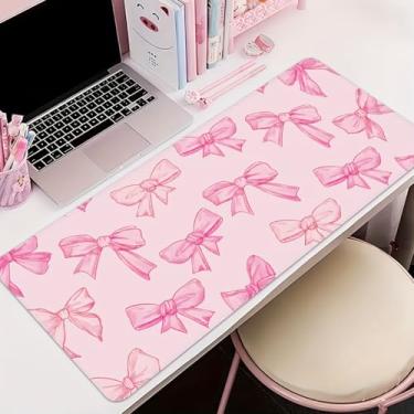 Imagem de Tapete de mouse extragrande para jogos com design de gravata borboleta rosa - Tapete de mesa com base de borracha antiderrapante, bordas costuradas com precisão para durabilidade, perfeito para