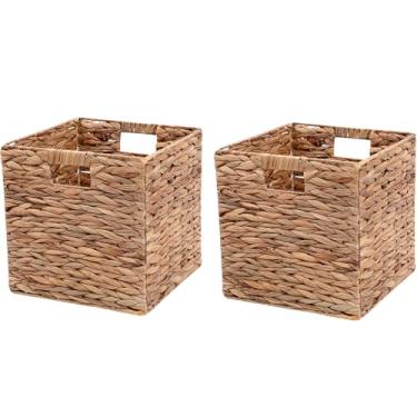 Imagem de Cestas de armazenamento de vime de 28 cm, conjunto de 2 cestas quadradas dobráveis naturais para armazenamento, cestas de jacinto de água, cestas de armazenamento tecidas à mão para prateleiras