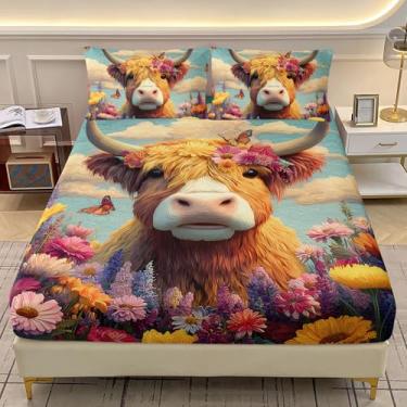 Imagem de AILONEN Jogo de lençol solteiro com desenho animado de vaca Highland Highland, 3 peças, fofo, floral, gado, para meninos e meninas, lindas flores, animais de fazenda, lençol com bolso profundo com 2