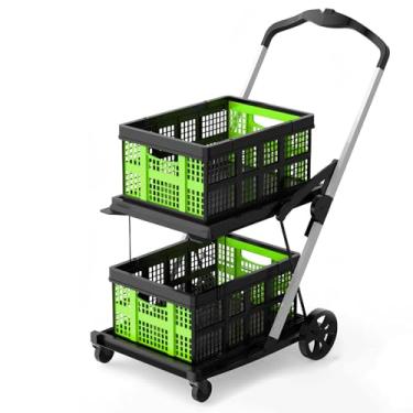 Imagem de Carrinho de compras dobrável com rodas, carrinho de compras dobrável multiuso de 2 camadas com 2 caixas de armazenamento, carrinho utilitário dobrável para escritório, mantimentos, armazém