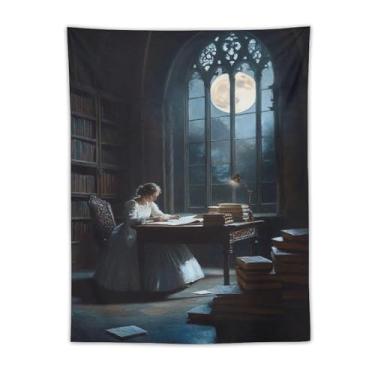 Imagem de Woman In White Gown Reading At Desk In Library By Full Moon Window Wall Tapestry Cozy Literary Art For Living Room Serene Hanging Accent Classic Scene76 x 101 cm Tapeçaria