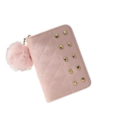 Imagem de Bolsa feminina pequena, bolsas de poliuretano para mulheres, bolsas pequenas elegantes com zíper e bola de pelúcia, rosa