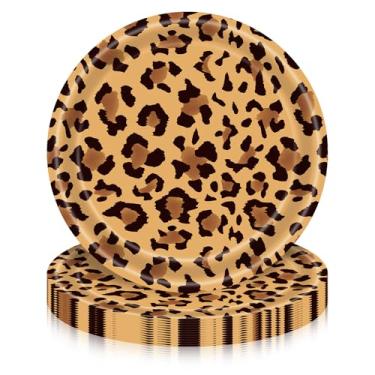 Imagem de Herytem 50 peças de pratos de papel com estampa de leopardo de 17,8 cm – Pratos de sobremesa descartáveis com estampa de animais para festas de safári, tema da selva e decorações de celebração de