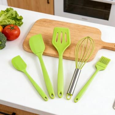 Imagem de Conjunto de 5 espátulas de silicone verde para cozinha, conjunto de ferramentas de cozimento de grau alimentício com raspador resistente ao calor, espátula, escova de batedor