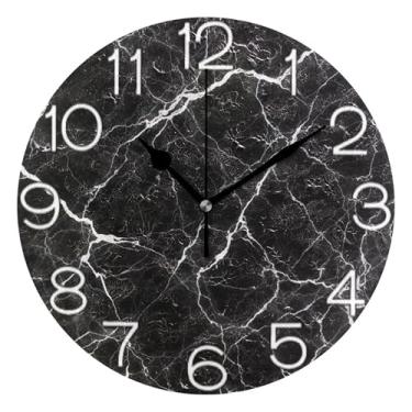 Imagem de GAIGEO Relógio de parede analógico decorativo operado por bateria relógio de cozinha rústico, decoração de sala de estar, arte moderna, mármore preto, branco, cinza, veias, 25 cm, ponteiros pretos