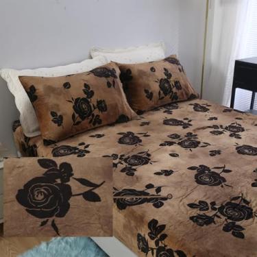 Imagem de MAG Jogo de cama casal casal com 3 peças de lã floral e flanela, flor Brwon de microfibra, romântico, fofo, quente, supermacio, para mulheres e homens, com 1 lençol com elástico + 2 fronhas.