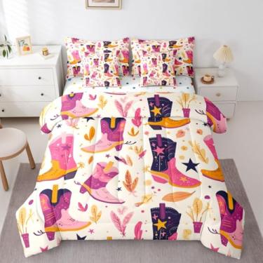 Imagem de Conjunto de edredom solteiro com botas de caubói com lençol para crianças e adolescentes | Conjunto de cama de 7 peças, botânico, floral, botânico, feminino, caubói ocidental, conjunto de colcha