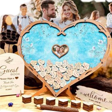 Imagem de Neamon Livro de convidados de casamento rústico conjunto de canetas alternativas caixa de coração, livro de visitas personalizado exclusivo recepção de casamento aniversário chá de bebê decoração de